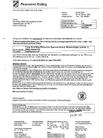 Freistellungsbescheinigung zum Steuerabzug bei Schörling Blitzschutz - Systeme GmbH in Zorneding