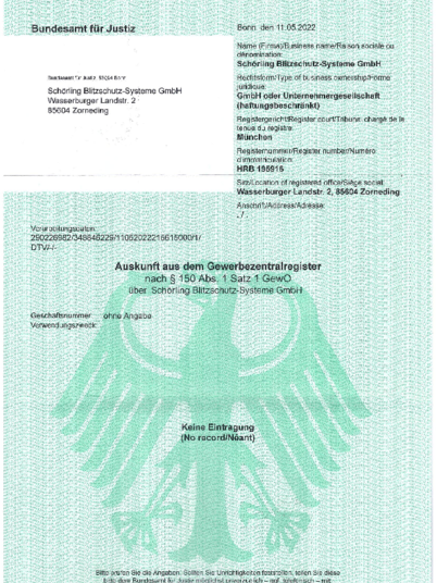 Auskunft aus dem Gewerbezentralregister bei Schörling Blitzschutz - Systeme GmbH in Zorneding
