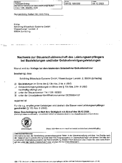 Nachweis zur Steuerschuldnerschaft bei Schörling Blitzschutz - Systeme GmbH in Zorneding