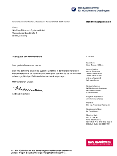 Auszug aus der Handwerksrolle bei Schörling Blitzschutz - Systeme GmbH in Zorneding