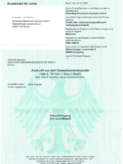 Auskunft aus dem Gewerbezentralregister bei Schörling Blitzschutz - Systeme GmbH in Zorneding