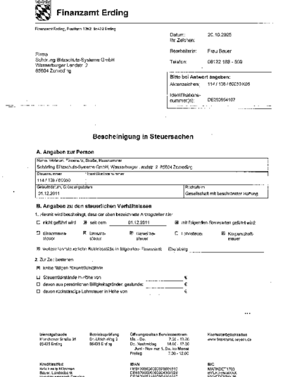 Bescheinigung in Steuersachen bei Schörling Blitzschutz - Systeme GmbH in Zorneding