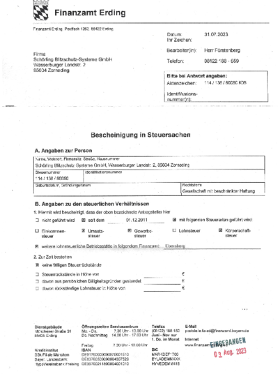 Bescheinigung in Steuersachen bei Schörling Blitzschutz - Systeme GmbH in Zorneding